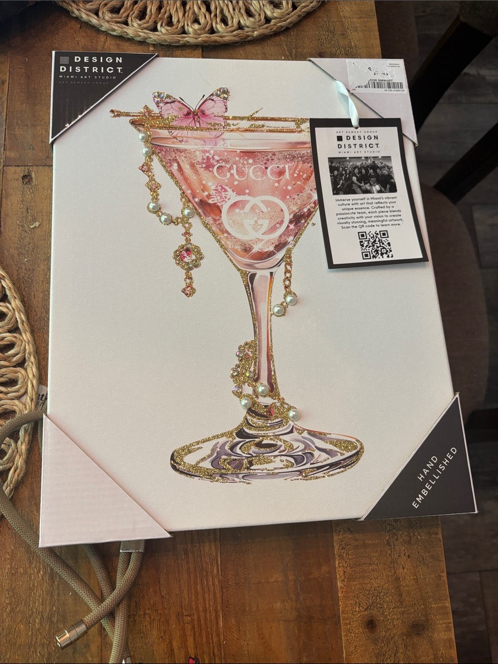 Designer inspired Pink and Gold Embellished Cocktail Glass Wall Art nwt